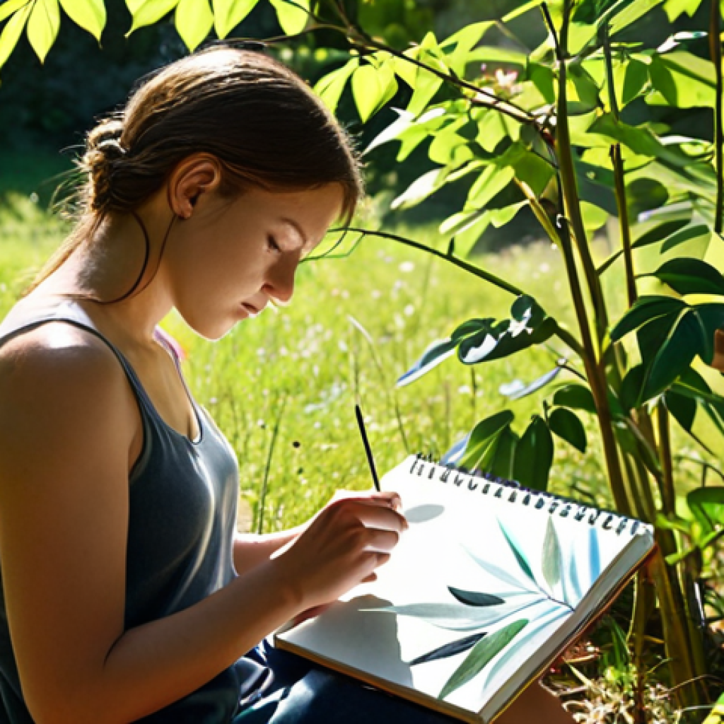 **

A person painting outdoors in a serene natural setting. Focus on the sensory experience: sunlight dappling through leaves, the artist's focused expression, art supplies (sketchbook, paints) visible. Emphasize calmness, connection with nature, and release from digital devices.

**