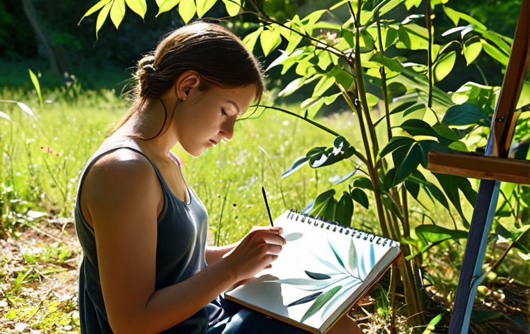 **

A person painting outdoors in a serene natural setting. Focus on the sensory experience: sunlight dappling through leaves, the artist's focused expression, art supplies (sketchbook, paints) visible. Emphasize calmness, connection with nature, and release from digital devices.

**