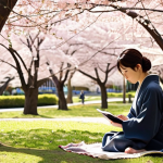 **A serene park scene:** "A Japanese park with cherry blossom trees in full bloom, a woman sitting on a blanket sketching in a notebook, dappled sunlight, soft focus, mindful relaxation."