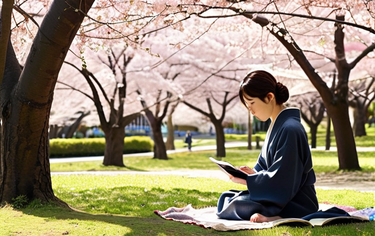 **A serene park scene:** "A Japanese park with cherry blossom trees in full bloom, a woman sitting on a blanket sketching in a notebook, dappled sunlight, soft focus, mindful relaxation."