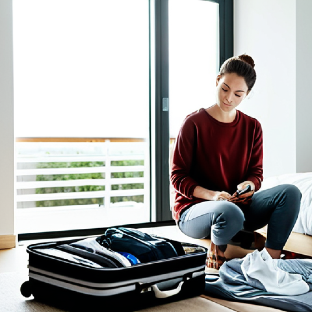 여행 중 마인드풀니스 실천하기 - **Departure Mindfulness:** A serene woman packing a suitcase with mindful attention, fully clothed i...