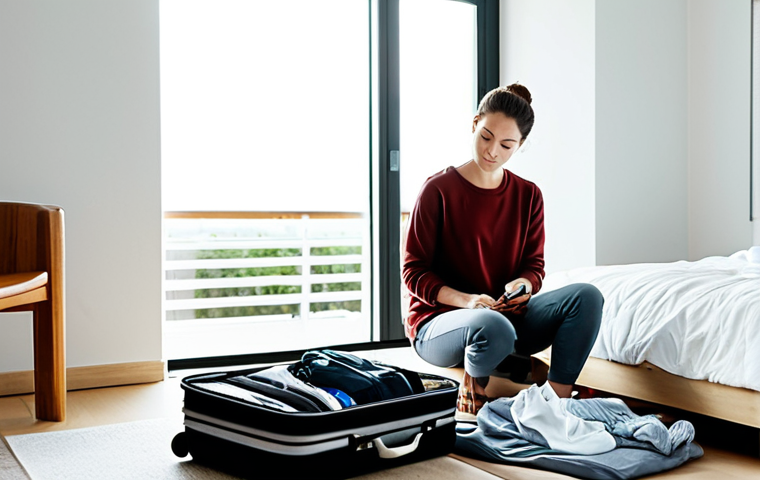 여행 중 마인드풀니스 실천하기 - **Departure Mindfulness:** A serene woman packing a suitcase with mindful attention, fully clothed i...
