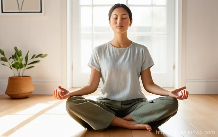 마인드풀니스 활동의 효과를 극대화하는 방법 - **Prompt:** "A serene woman, mid-20s to early 30s, meditating peacefully indoors during the golden h...