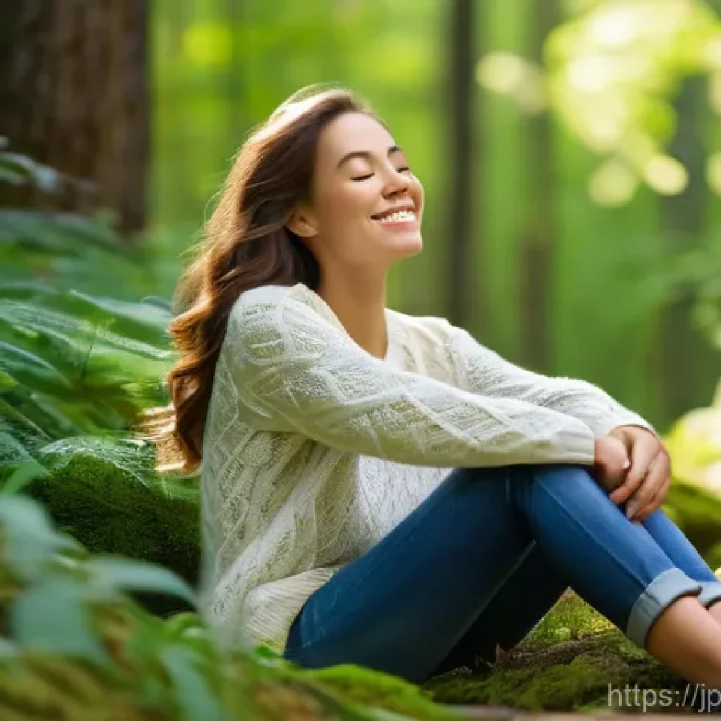 자연 탐험과 마인드풀니스의 연계성 - A serene and happy young woman, dressed in modest, comfortable outdoor clothing (such as a light swe...