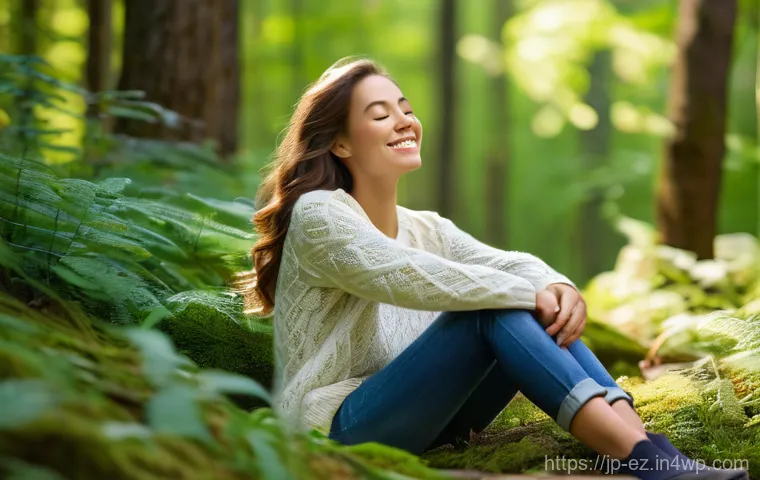 자연 탐험과 마인드풀니스의 연계성 - A serene and happy young woman, dressed in modest, comfortable outdoor clothing (such as a light swe...