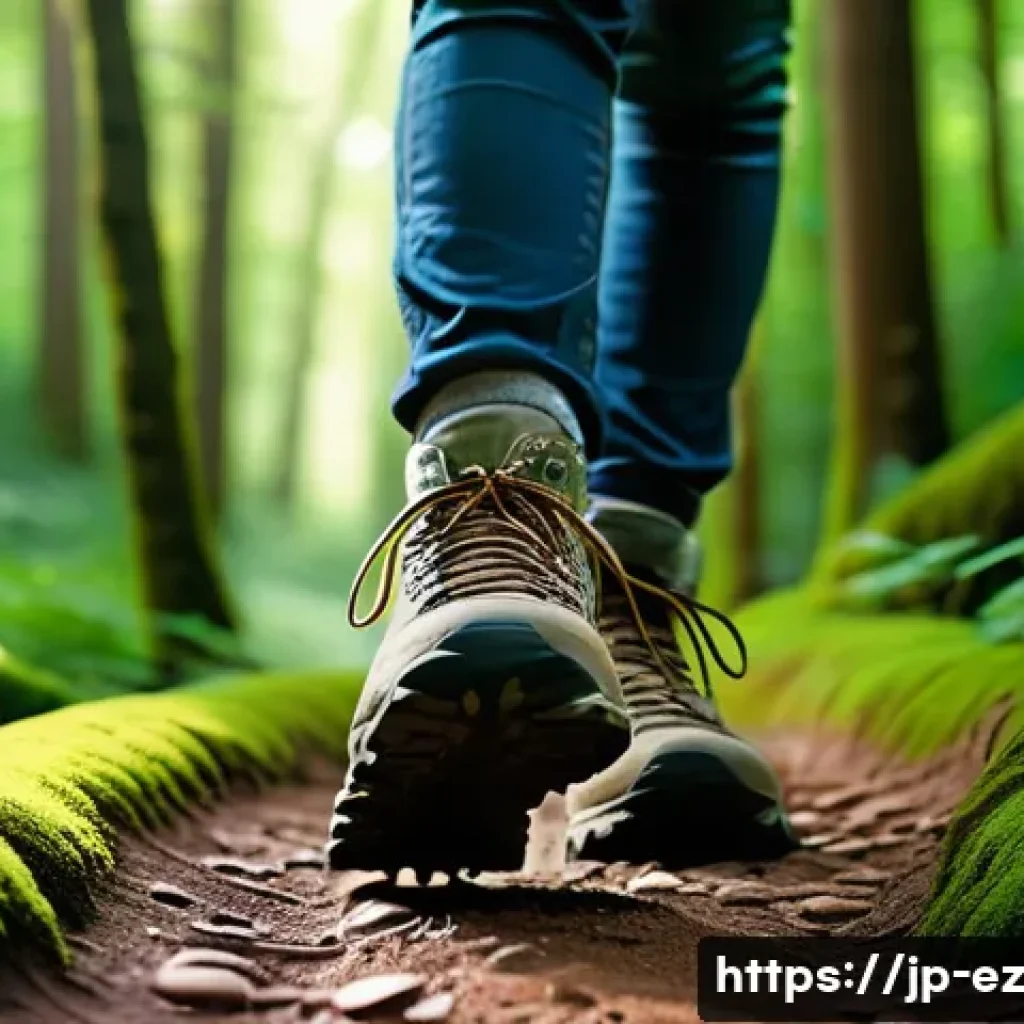 마인드풀니스와 산행의 조화로운 결합 - **Prompt:** A detailed close-up shot, from a low angle, of a person's feet, clad in sturdy and comfo...