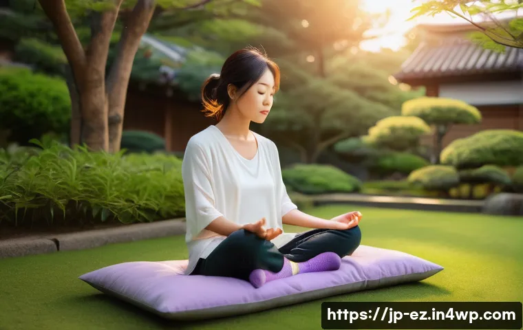 저녁 시간의 마인드풀니스와 자연의 조화 - A serene Japanese suburban park at dusk, soft orange and purple hues painting the sky, gentle breeze...