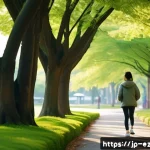야외 마인드풀니스 워크숍 참여하기 - A serene urban park scene during early morning, featuring a young Japanese woman dressed in comforta...