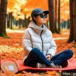 야외 마인드풀니스 활동 준비물 체크리스트 - A serene outdoor mindfulness scene in a Japanese forest during autumn, featuring a person wearing la...