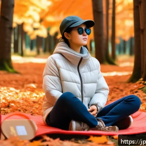 야외 마인드풀니스 활동 준비물 체크리스트 - A serene outdoor mindfulness scene in a Japanese forest during autumn, featuring a person wearing la...