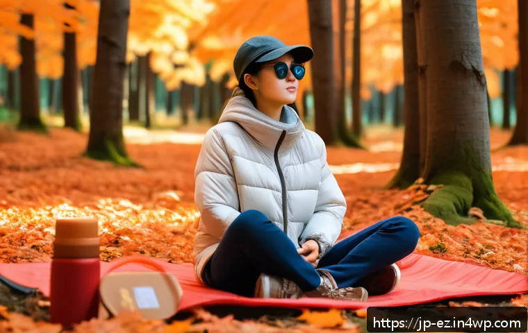 야외 마인드풀니스 활동 준비물 체크리스트 - A serene outdoor mindfulness scene in a Japanese forest during autumn, featuring a person wearing la...