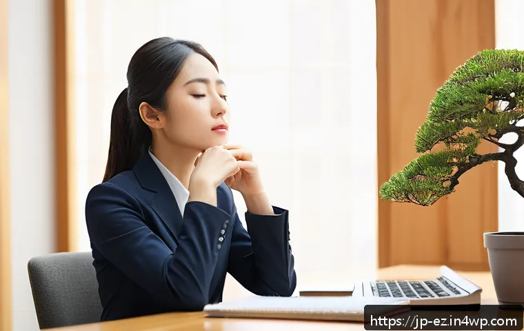 마인드풀니스와 인간 관계 개선하기 - A serene Japanese office scene showing a young professional woman practicing mindful breathing at he...