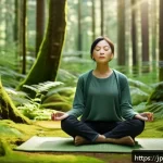 자연 속에서의 마인드풀니스 체험 방법 - A serene forest scene during early morning with soft sunlight filtering through tall green trees, a ...
