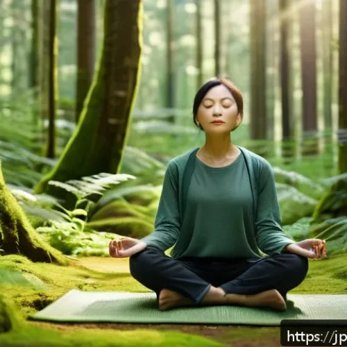 자연 속에서의 마인드풀니스 체험 방법 - A serene forest scene during early morning with soft sunlight filtering through tall green trees, a ...