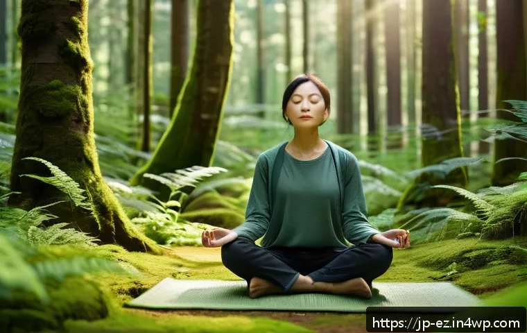 자연 속에서의 마인드풀니스 체험 방법 - A serene forest scene during early morning with soft sunlight filtering through tall green trees, a ...