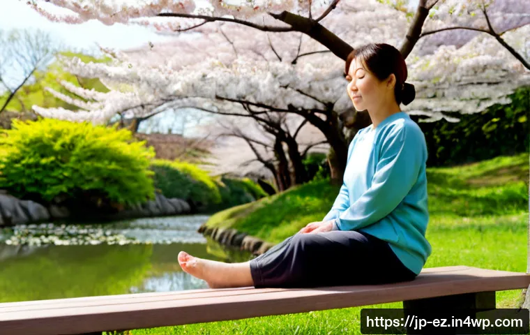 야외 마인드풀니스에 적합한 계절별 팁 - Photorealistic spring outdoor mindfulness scene in a quiet Japanese park, middle-aged woman in modes...