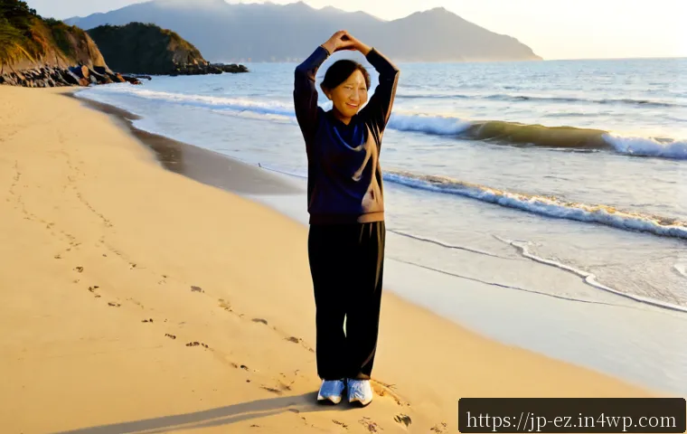 바다 근처에서의 마인드풀니스 운동 - Photorealistic mindful movement beside a quiet Japanese seaside at sunrise, an older Japanese woman ...